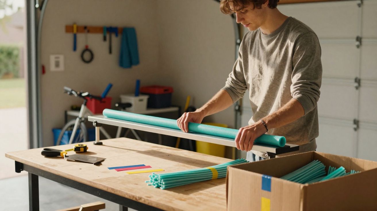 Jovem a cortar tubos de espuma azuis numa bancada de trabalho numa garagem bem iluminada.