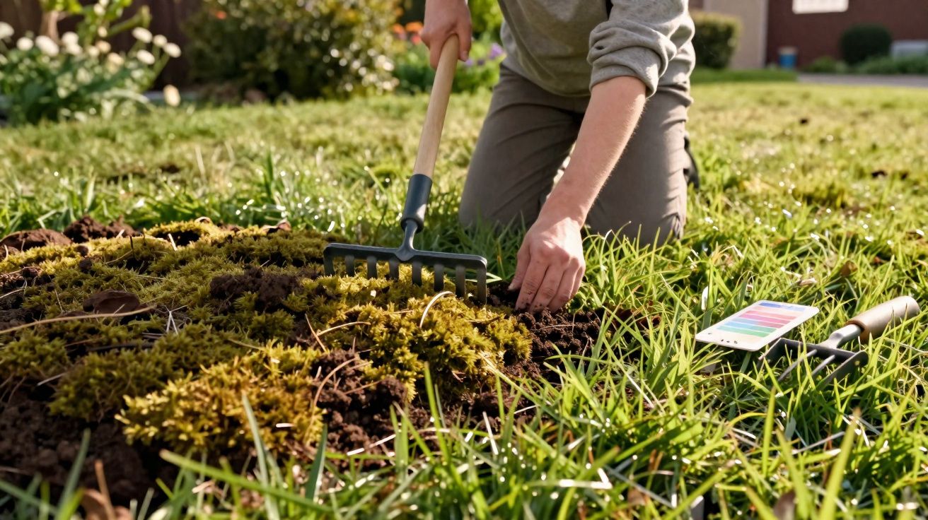 Pessoa a jardinhar terra com um ancinho junto a um monitor de solo num jardim ensolarado.