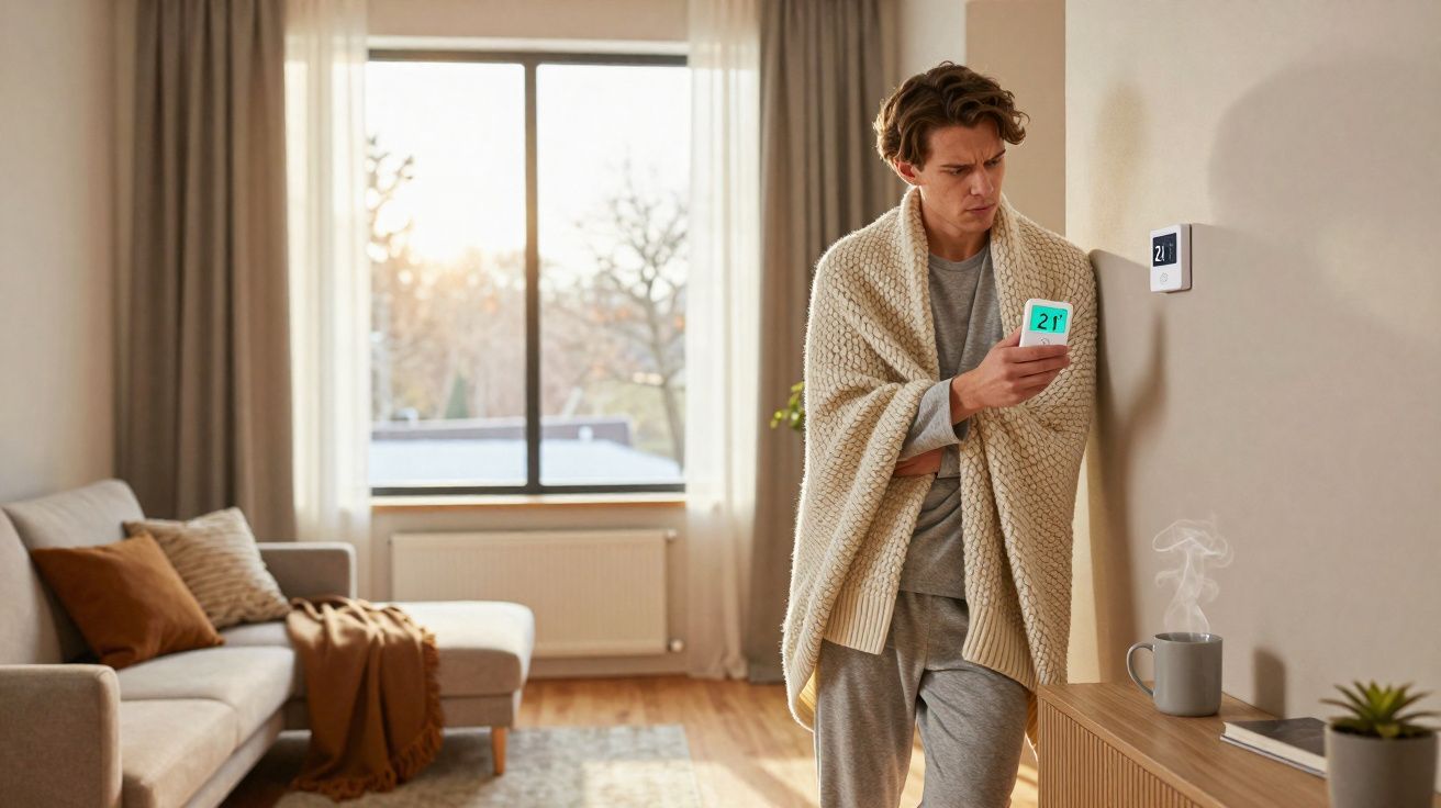 Homem envolto numa manta, ajustando a temperatura do termostato de uma sala luminosa e acolhedora.