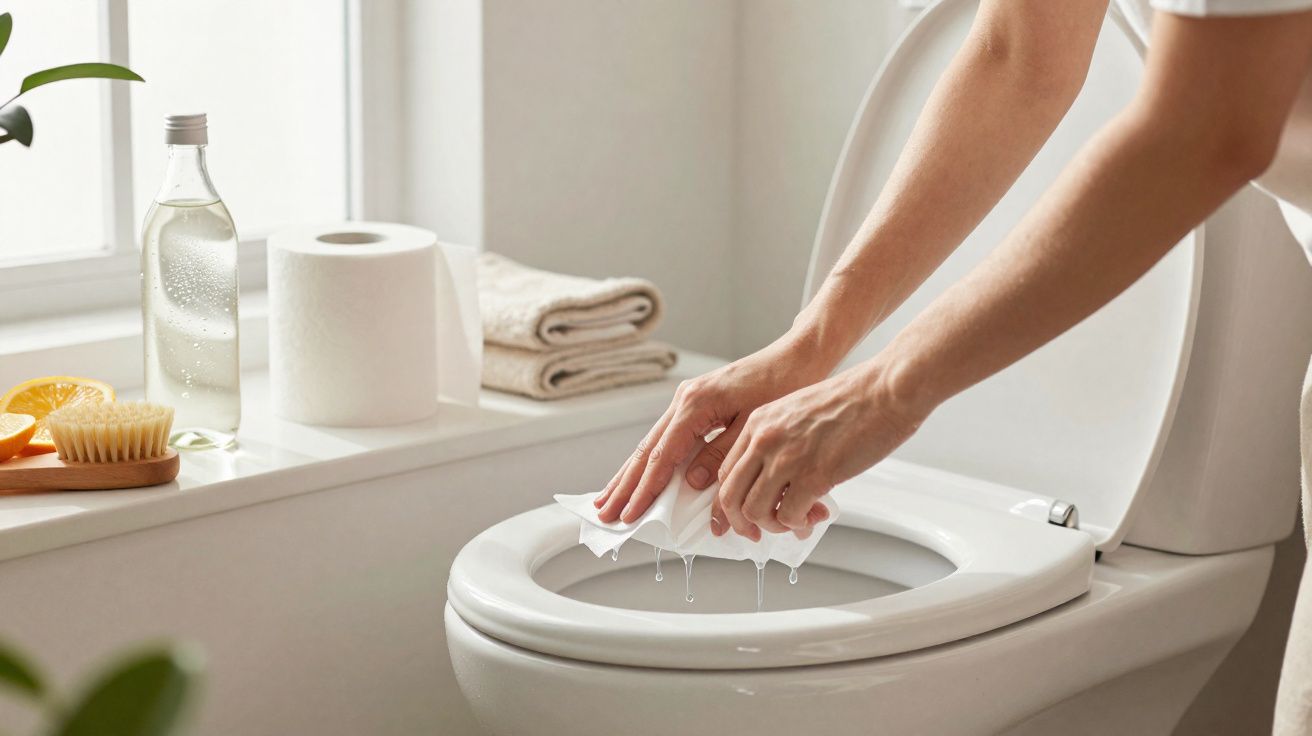 Mãos a limpar a tampa de um sanita branca com um pano húmido num banheiro luminoso.