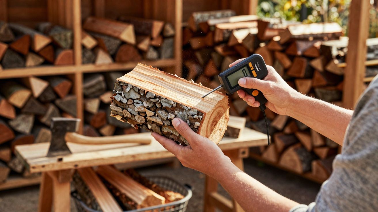 Pessoa a medir a humidade de um tronco de madeira com um medidor digital num armazém de lenha.