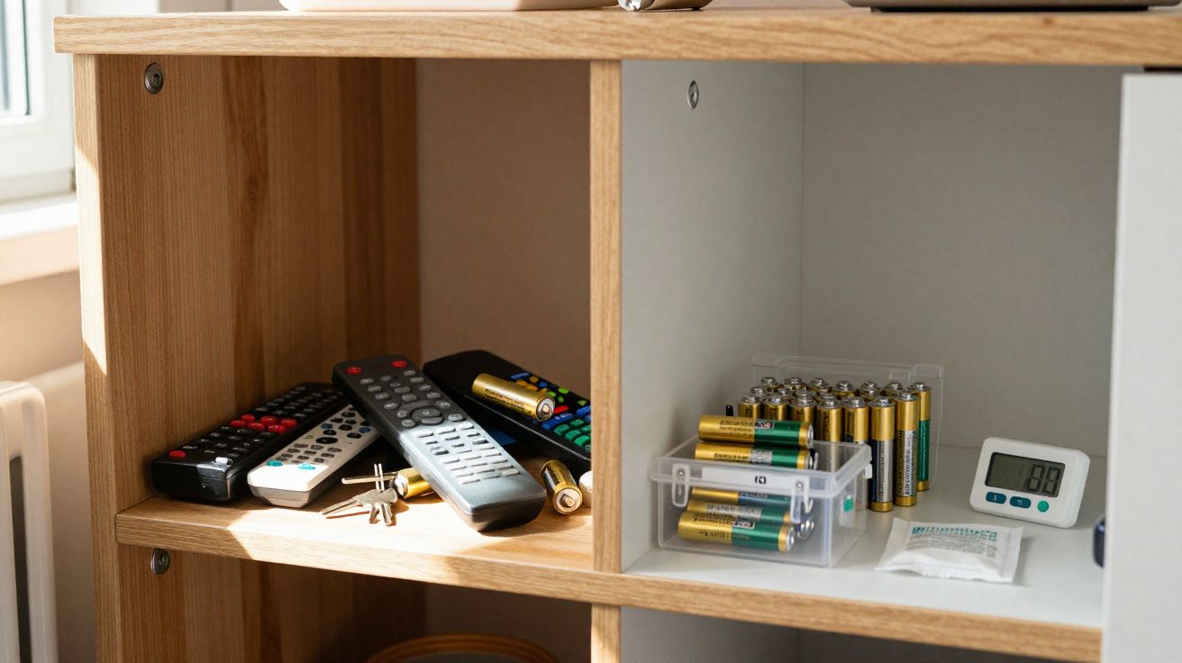 Prateleira com telecomandos, pilhas, chaves e um temporizador digital.