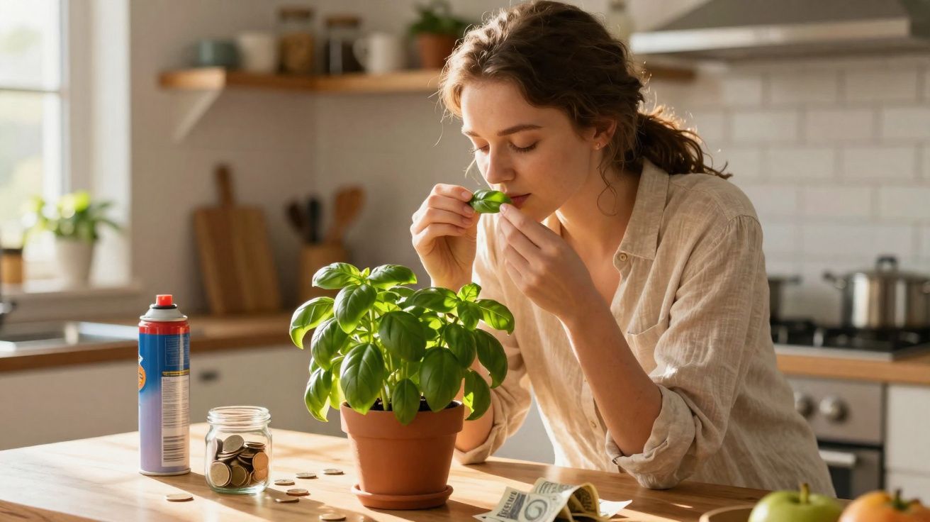 Mulher cheira folha de manjericão num vaso na cozinha luminosa, com moedas e dinheiro na bancada.