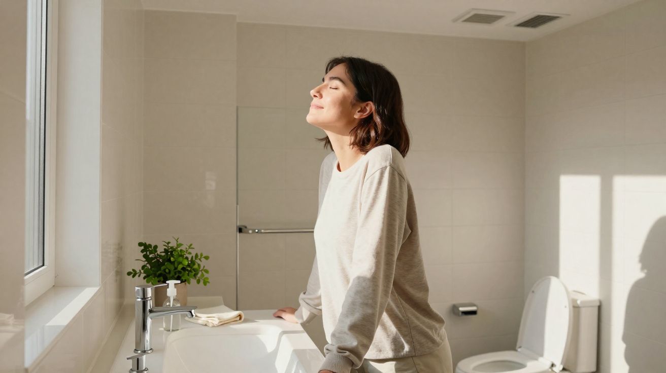 Mulher de olhos fechados aproveita luz natural ao lado da pia numa casa de banho moderna e clara.