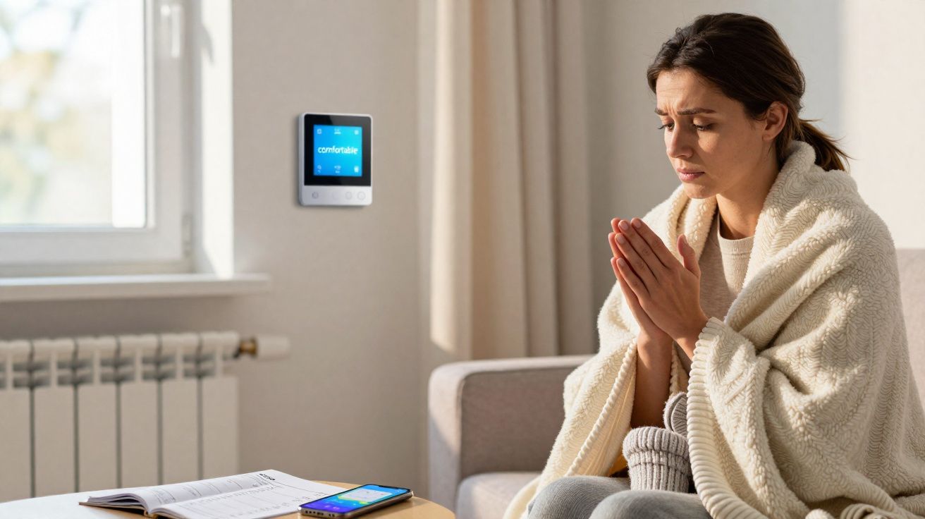 Mulher com manta sentada, com as mãos juntas, aquecedor ligado e telemóvel numa mesa com livro aberto.