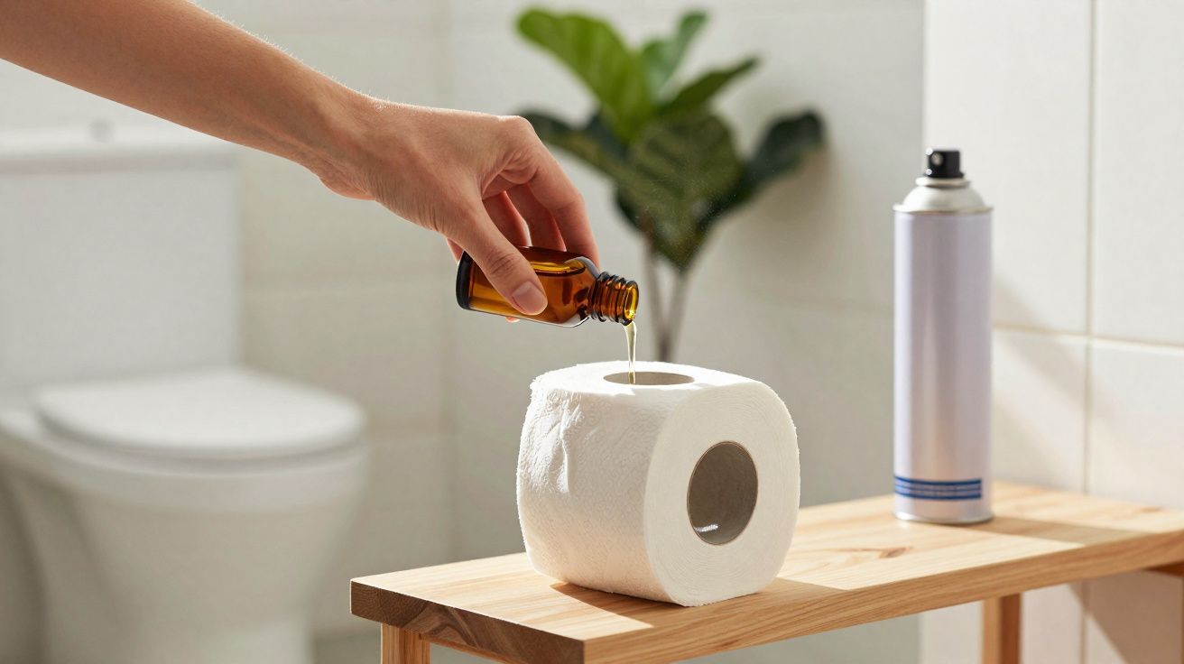 Mão a deitar óleo essencial num rolo de papel higiénico quadrado numa casa de banho com planta e spray ao fundo.