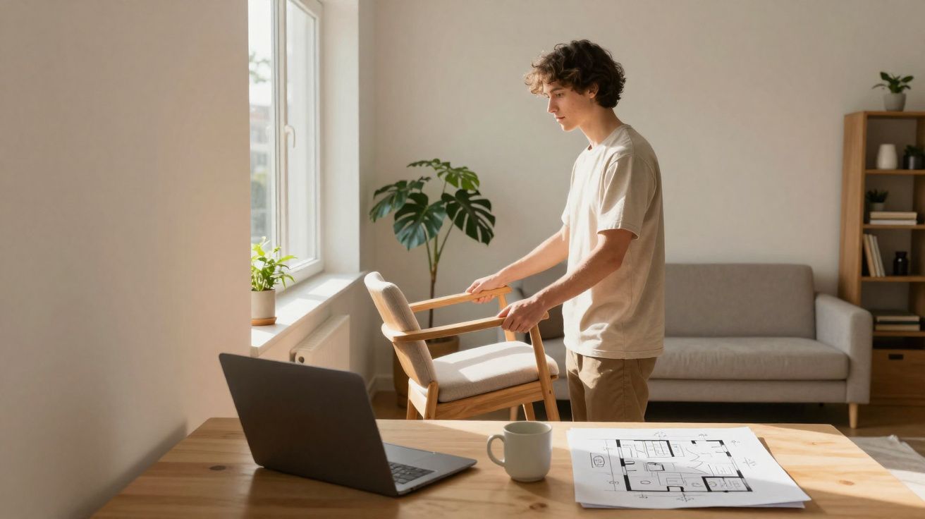 Jovem ajusta cadeira numa sala com sofá, laptop aberto, planta e desenho arquitetónico sobre a mesa de madeira.