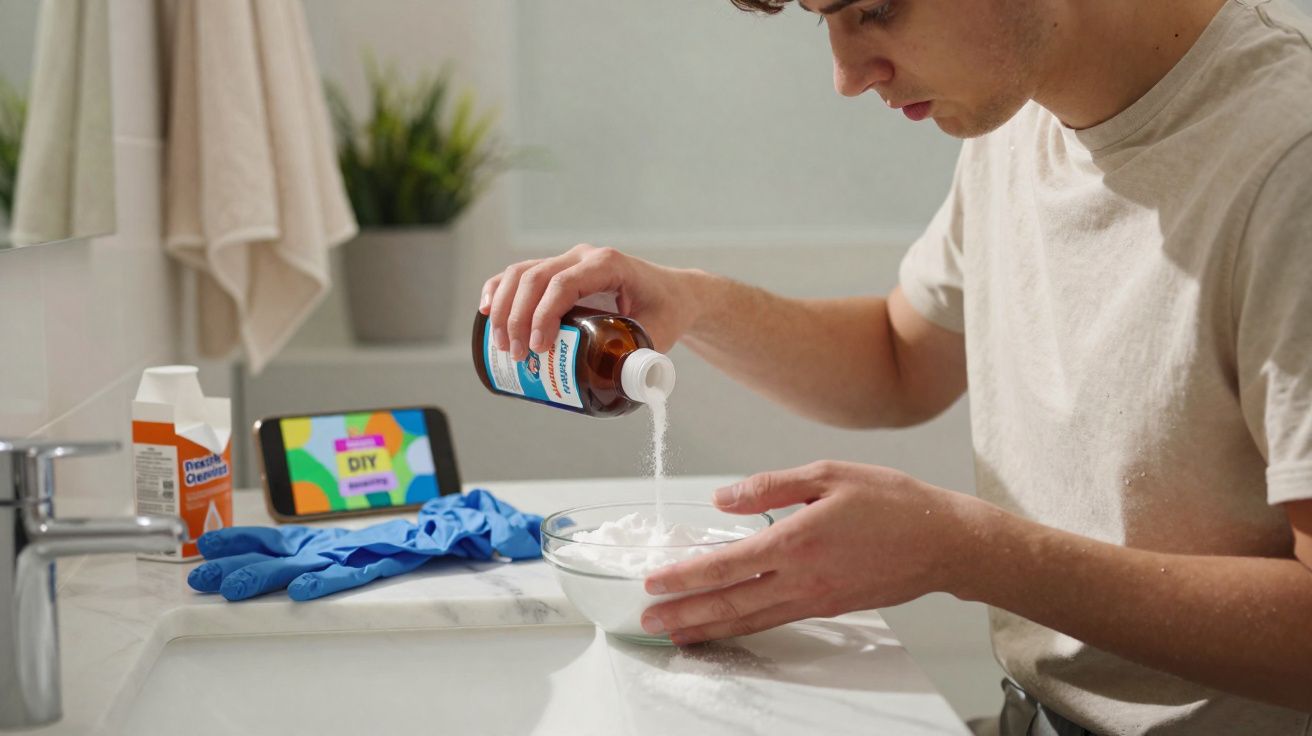 Pessoa a despejar pó de um frasco num recipiente de vidro numa casa de banho, luvas e telemóvel visíveis.