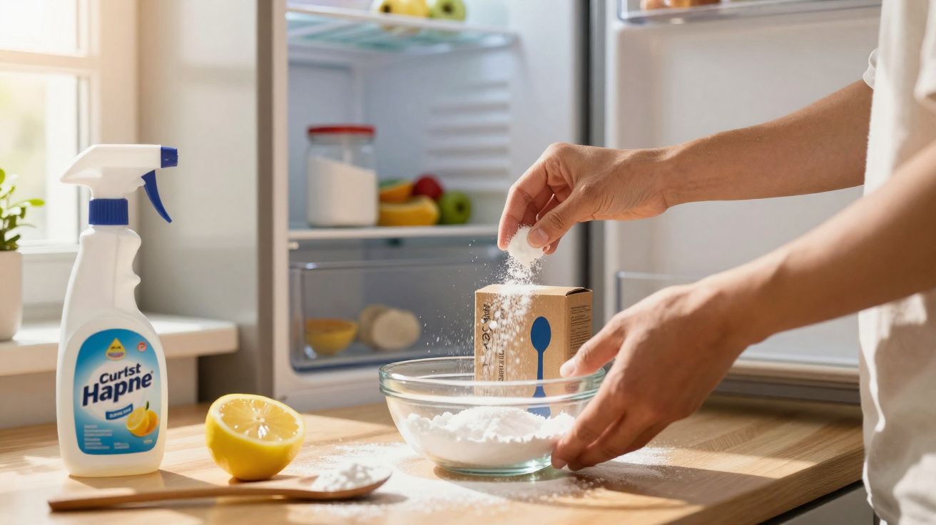 Mãos a deitar bicarbonato de sódio numa taça de vidro, com limão e spray de limpeza numa bancada de cozinha.