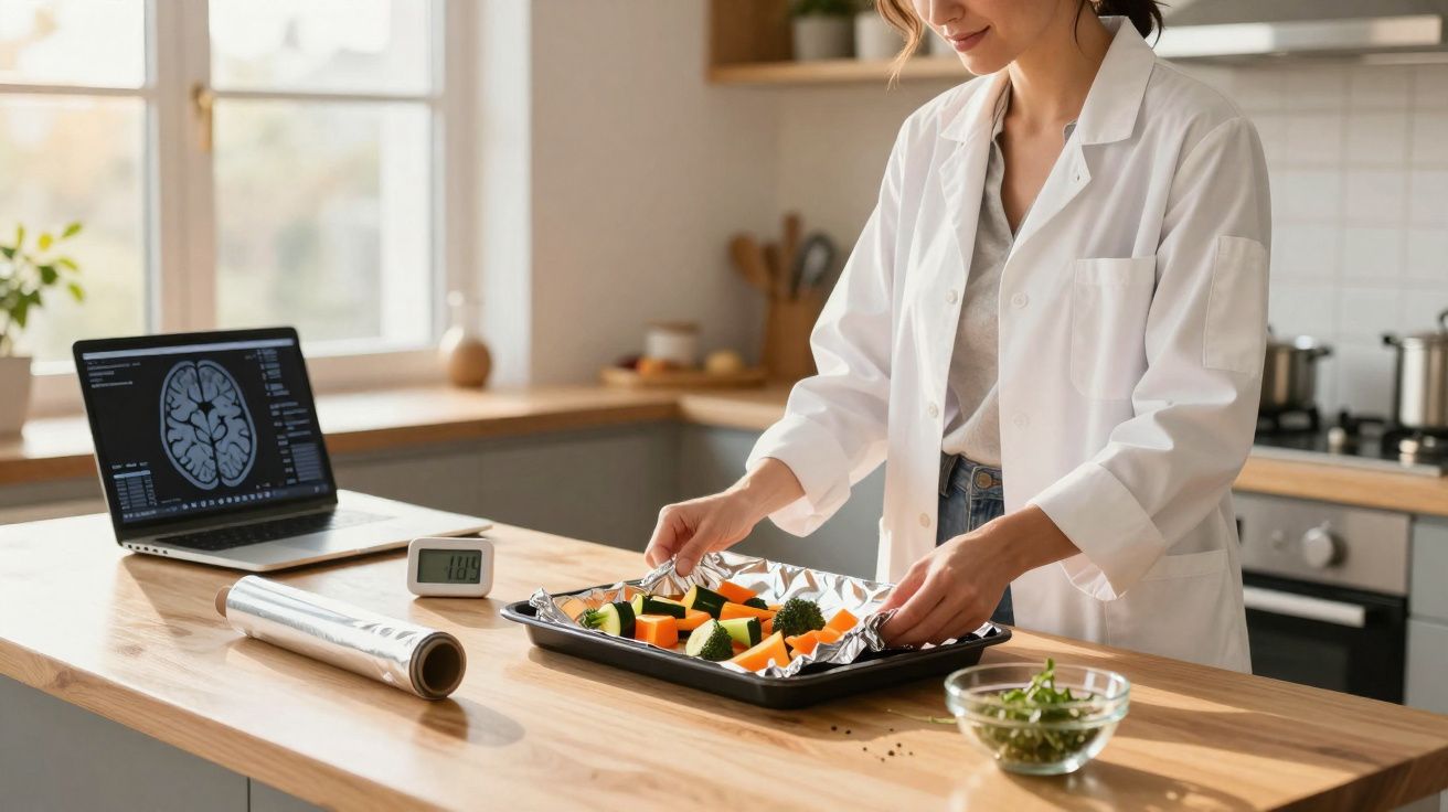 Mulher com bata branca prepara legumes numa bandeja forrada com papel de alumínio numa cozinha moderna.