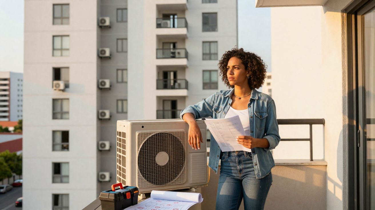 Mulher com roupa casual segura documentos numa varanda perto de aparelho de ar condicionado ao pôr do sol.