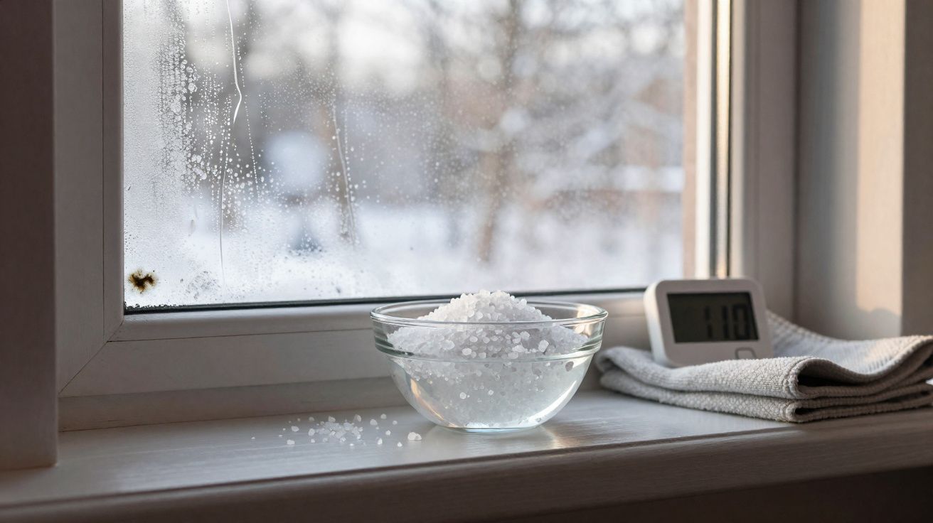 Taça com sal grosso na janela com humidade, termómetro digital e toalha cinzenta ao lado.