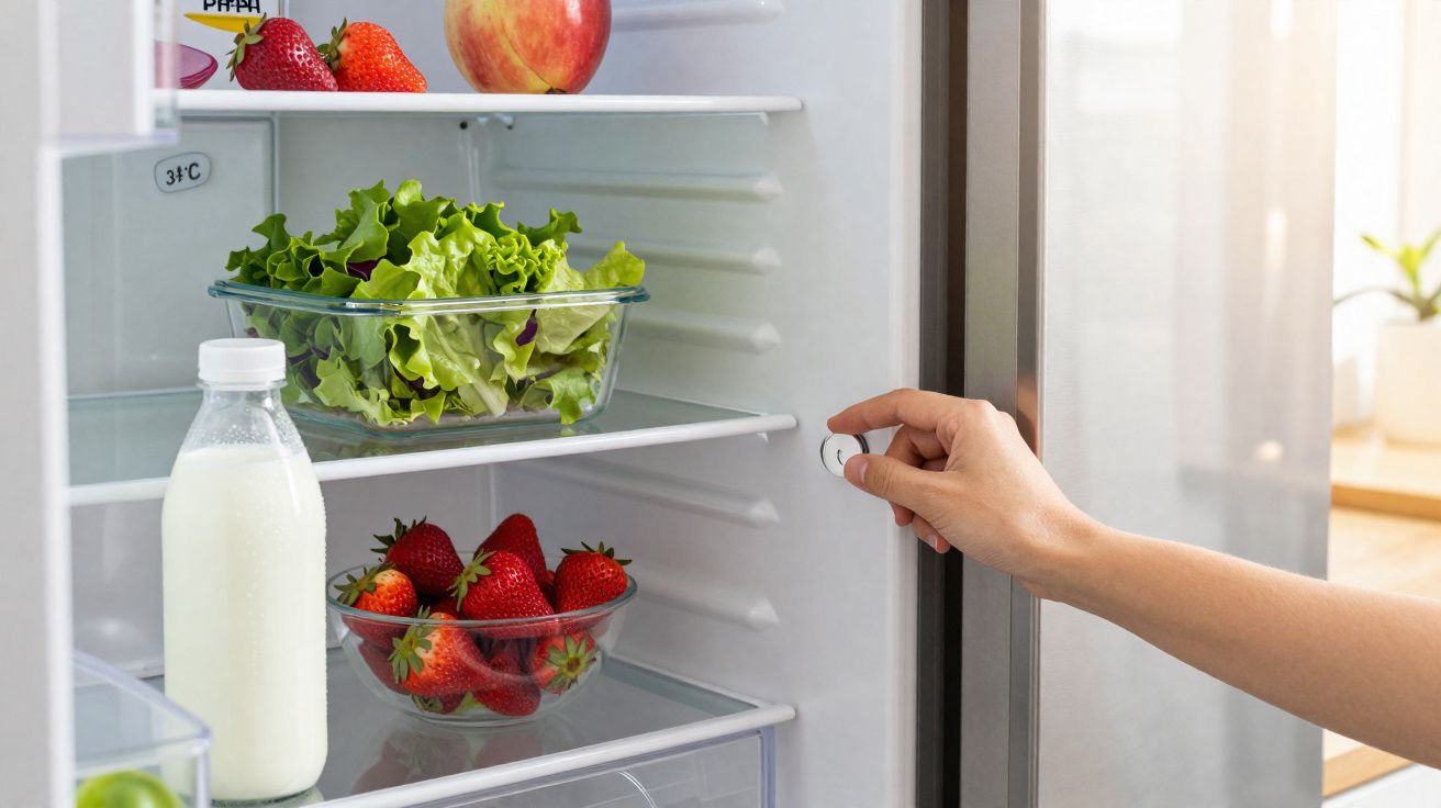 Frigorífico aberto com mão a ajustar temperatura, contendo alface, morangos, maçã e garrafa de leite.