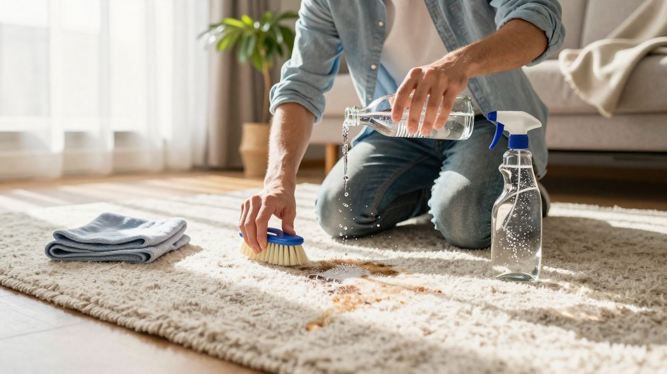 Homem a limpar mancha com escova e líquido num tapete claro numa sala iluminada.