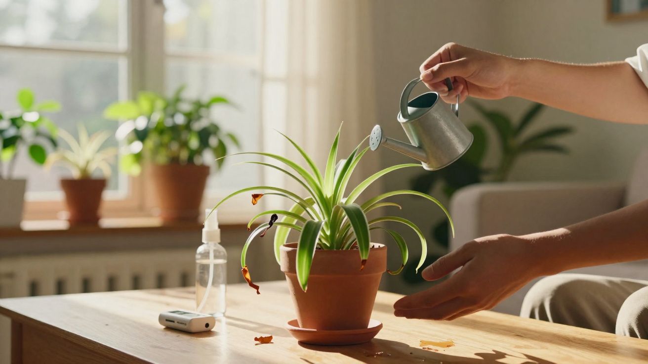 Pessoa a regar planta verde num vaso de barro sobre mesa de madeira junto de janela com luz natural.