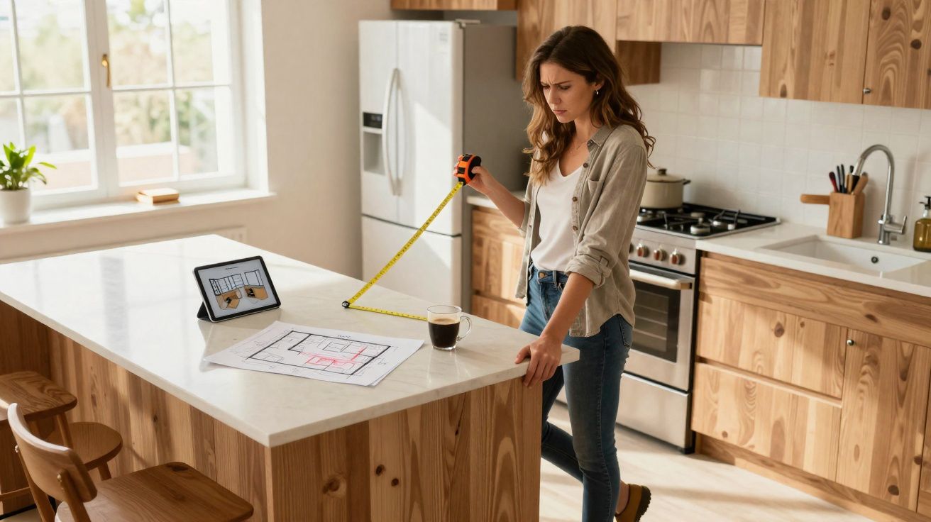 Mulher a medir balcão de cozinha com fita métrica, com planta e tablet ao lado numa cozinha moderna de madeira.