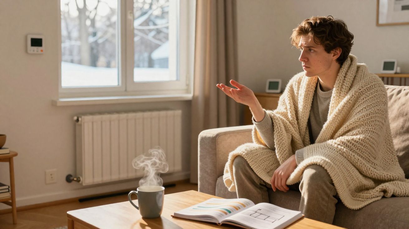 Homem sentado no sofá enrolado numa manta, olhando pela janela, com chá quente numa mesa à frente.