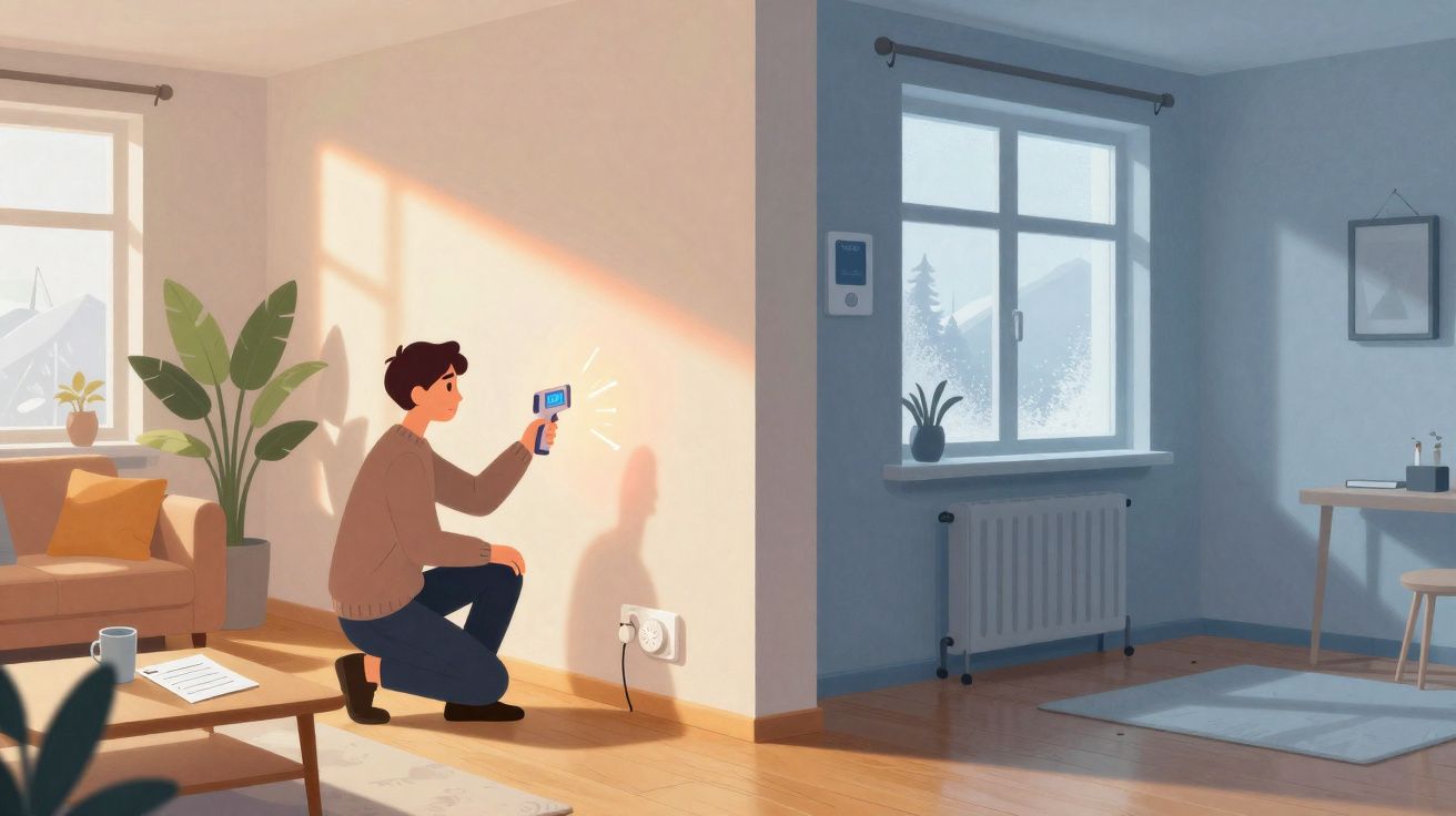 Pessoa a usar termómetro digital para medir temperatura interior junto a tomada numa sala iluminada.