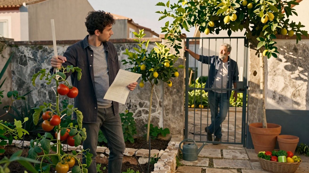 Homem jovem verifica tomateiras enquanto homem mais velho observa no portão do jardim.