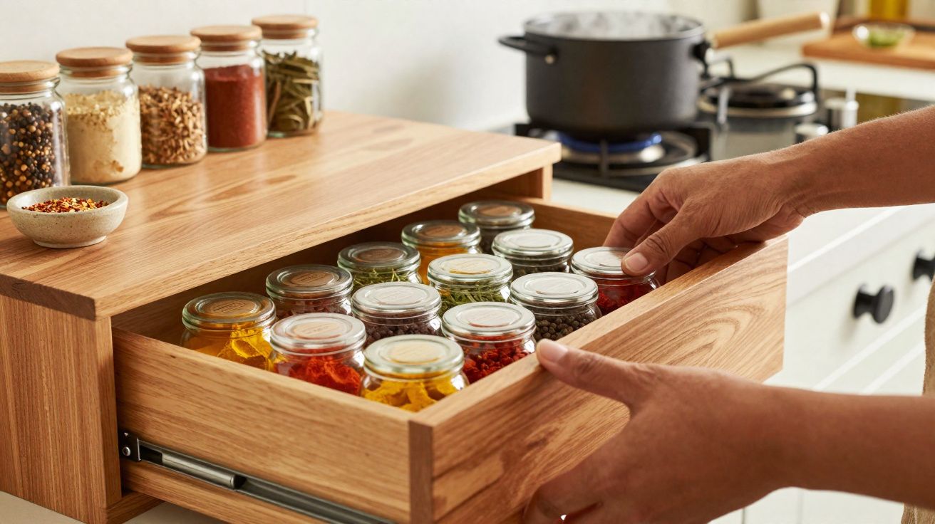 Caixa de madeira com frascos de especiarias coloridas organizados, com mãos a abrir uma gaveta numa cozinha.