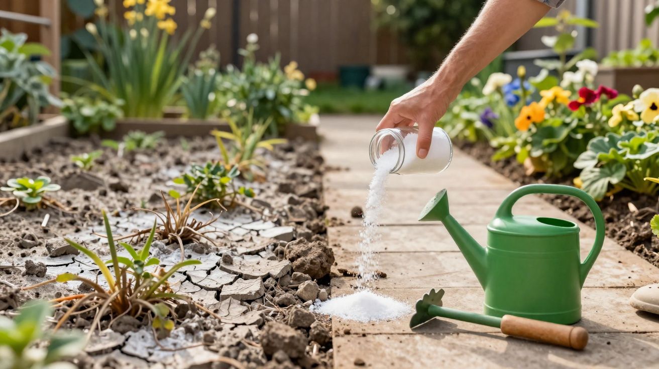 Mão a espalhar sal no solo seco e rachado de um jardim, com regador verde e ferramenta ao lado.