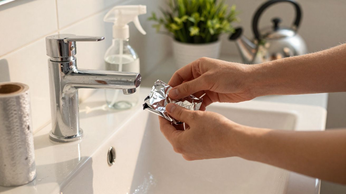 Mãos a desfazer uma barra de alumínio junto a uma pia com torneira, pulverizador e planta no fundo.