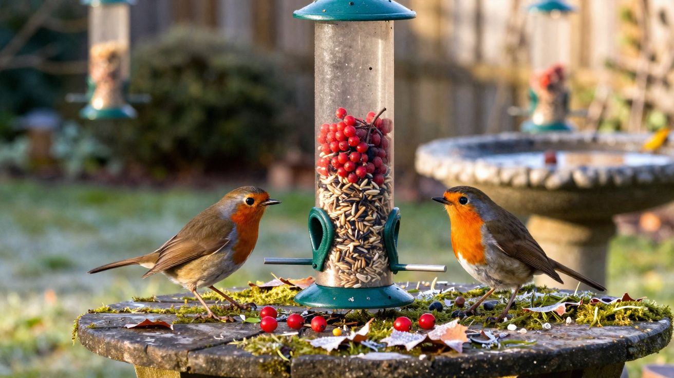 Dois rouxinóis à volta de um alimentador de aves com sementes e bagas vermelhas numa mesa de jardim.
