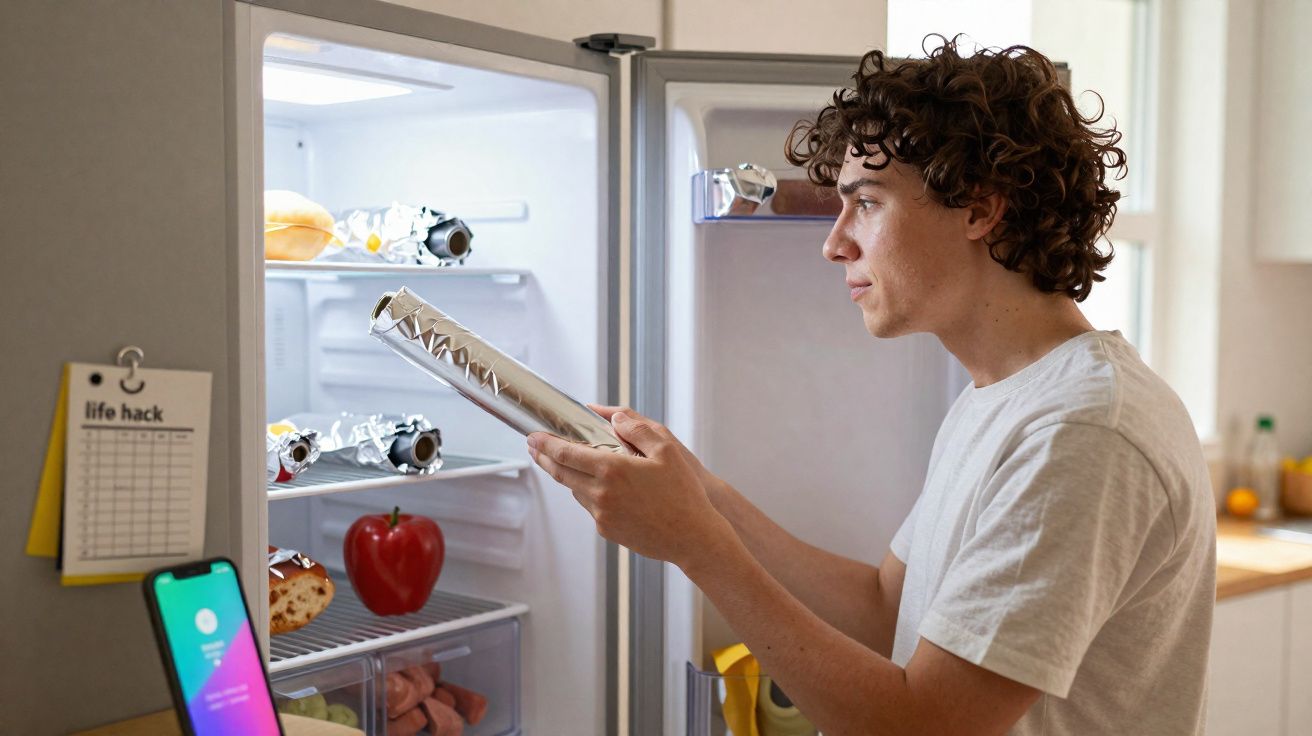 Jovem vê um alimento embrulhado em folha de alumínio dentro do frigorífico aberto numa cozinha.