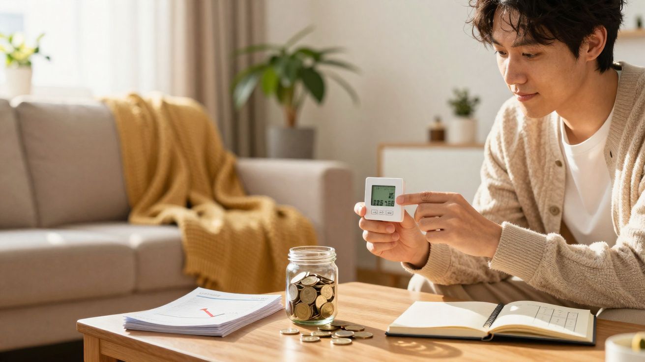 Pessoa jovem a controlar despesas com jarro de moedas e contador digital numa sala iluminada e acolhedora.