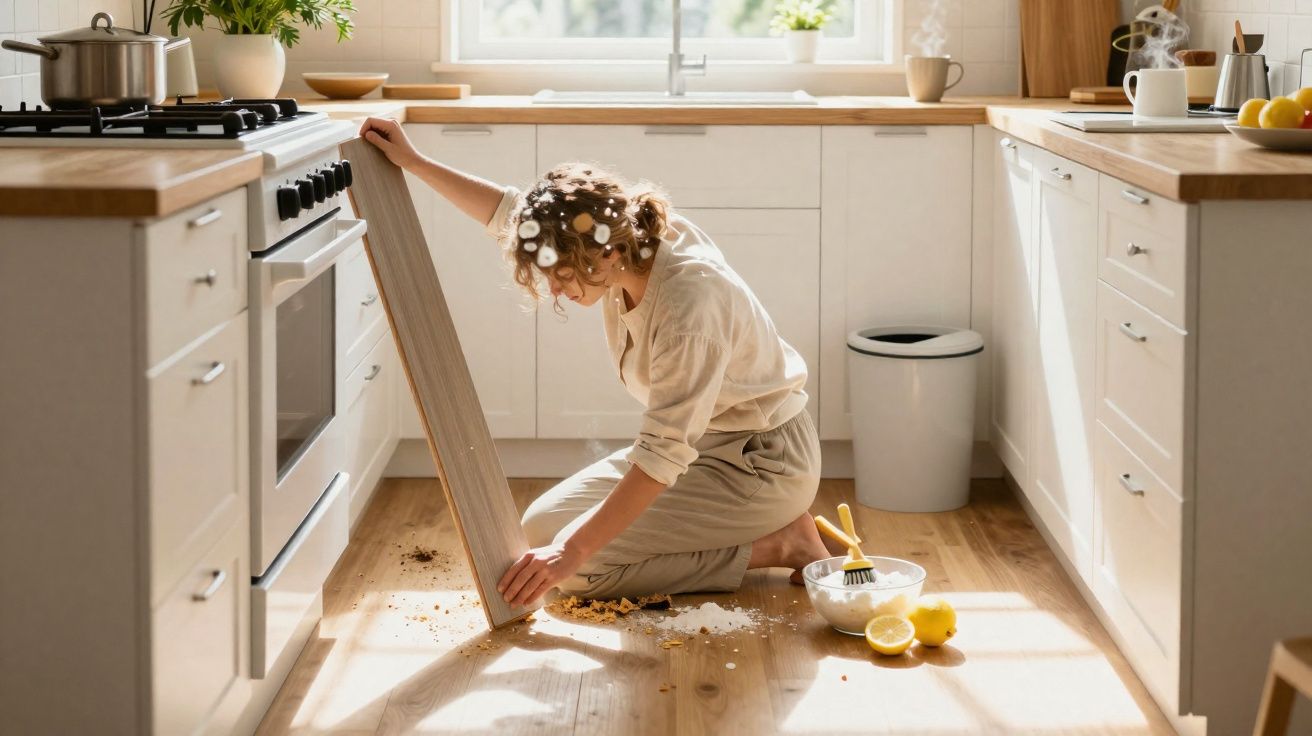 Mulher ajoelhada a limpar comida caída no chão de uma cozinha moderna e luminosa.