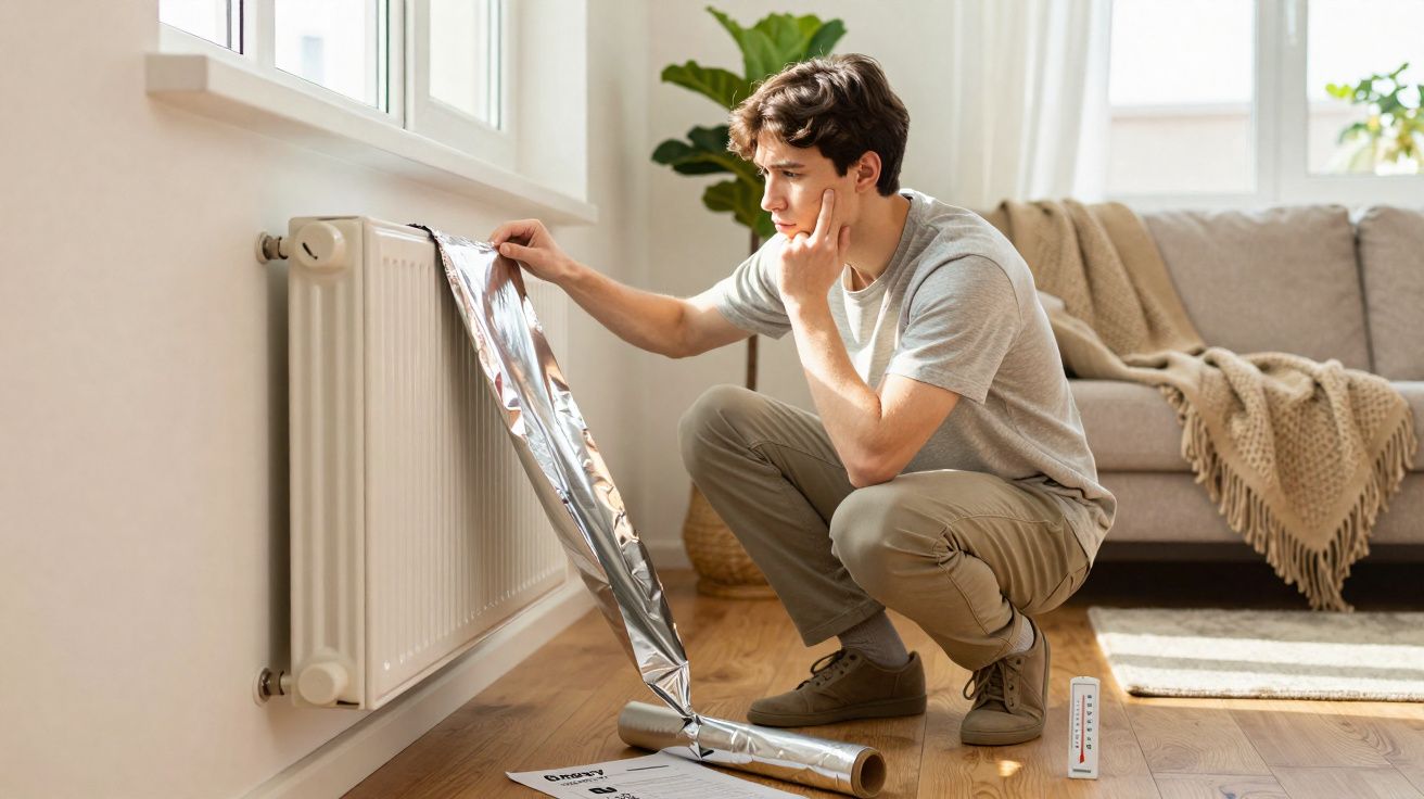 Homem a aplicar folha de alumínio num radiador num ambiente doméstico bem iluminado.