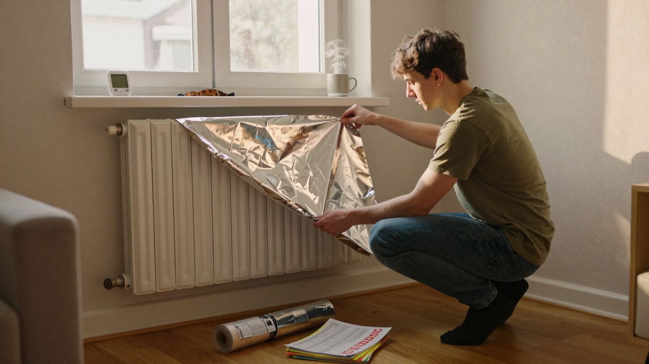 Homem instala folha refletora atrás de radiador numa sala com chão de madeira e janela iluminada.