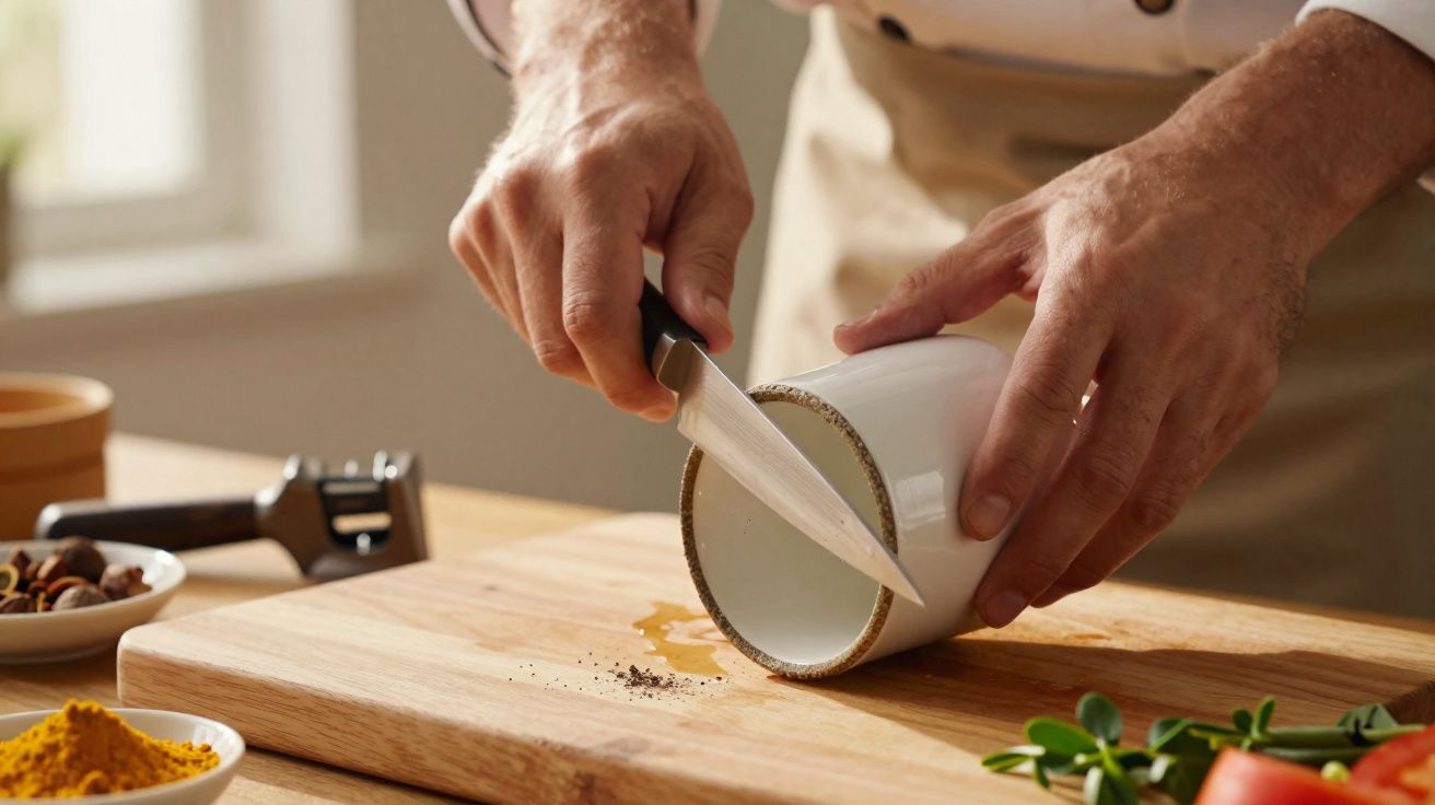Pessoa a cortar a base de um recipiente branco com uma faca numa tábua de madeira.