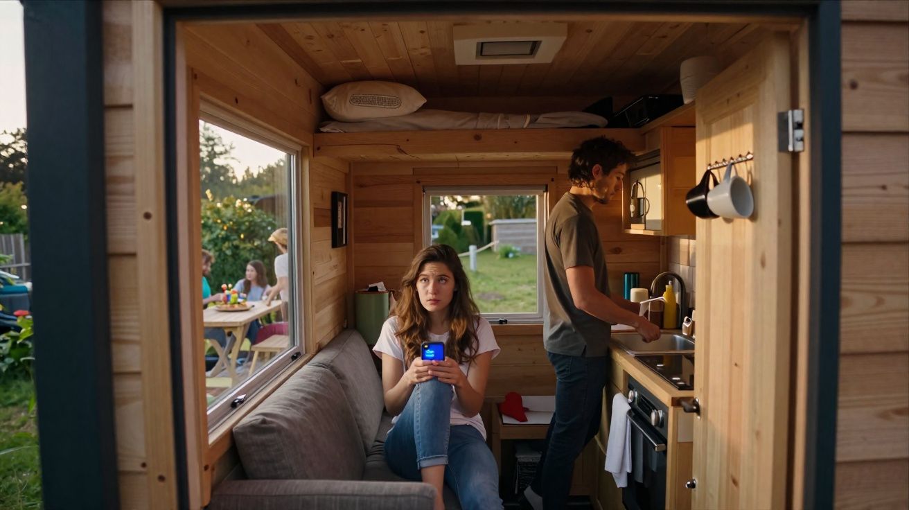 Jovem sentada num sofá de madeira com telemóvel na mão, homem cozinha num espaço pequeno de madeira.