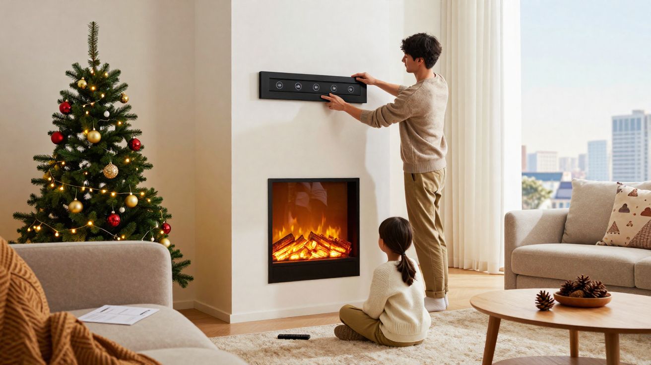 Sala de estar com árvore de Natal, lareira acesa, homem a pendurar decoração e criança sentada no tapete.