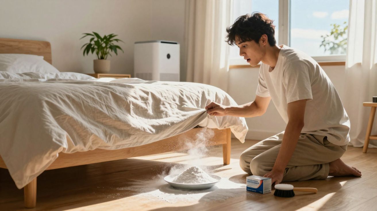 Homem ajoelhado a retirar pó branco de baixo da cama com escova num quarto iluminado.