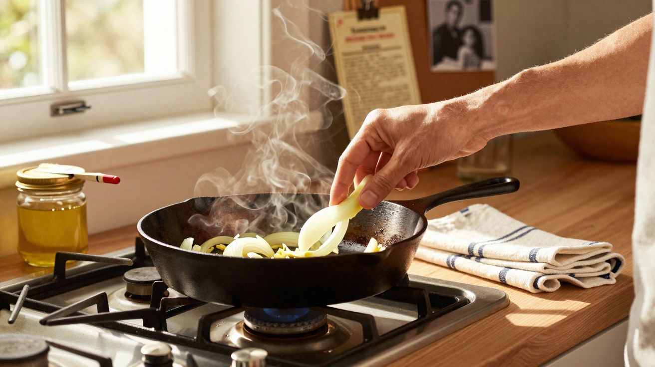 Mão a colocar cebola numa frigideira com vapor a cozinhar no fogão a gás numa cozinha iluminada.