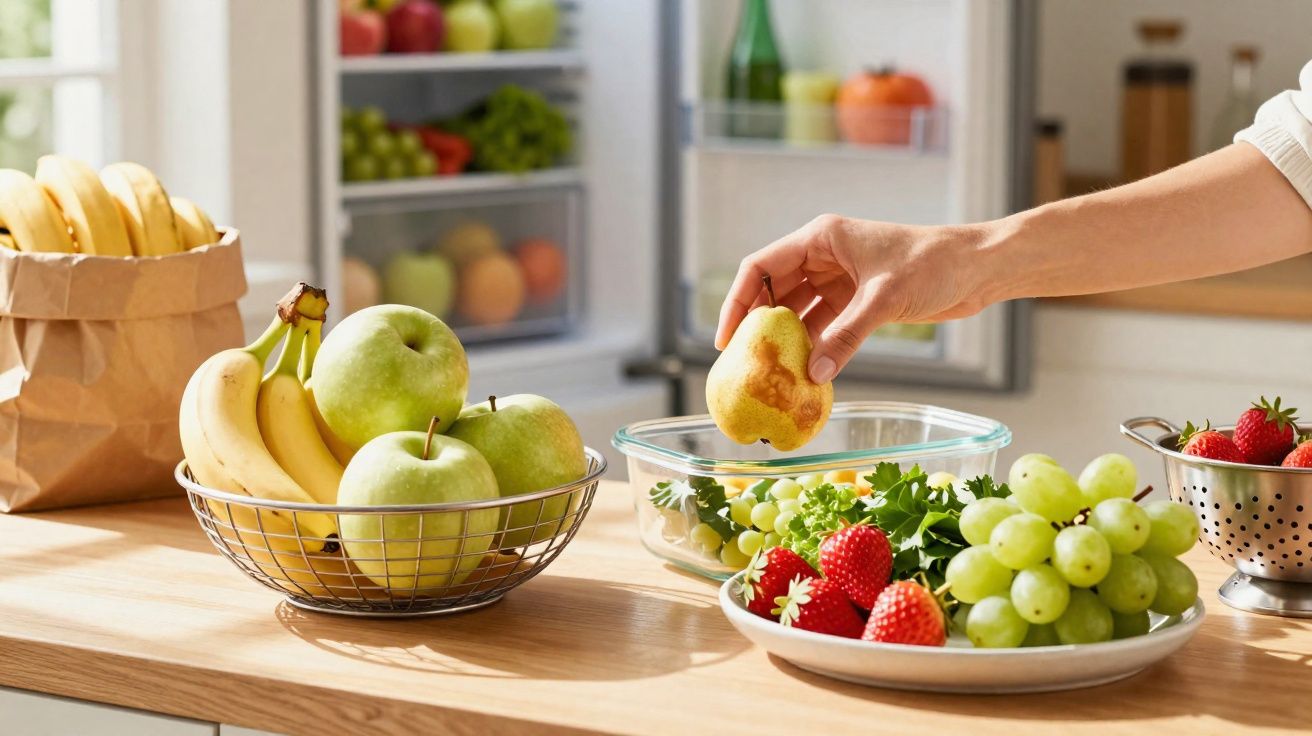 Fruta fresca sobre balcão de cozinha com maçãs, bananas, uvas, morangos e uma mão a colocar uma pêra.