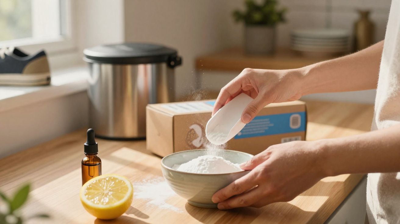 Mãos a medir bicarbonato de sódio numa tigela, com limão cortado e frasco sobre bancada de madeira.