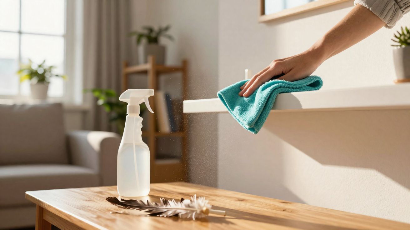 Pessoa a limpar uma superfície branca com um pano azul e spray de limpeza em mesa de madeira clara.