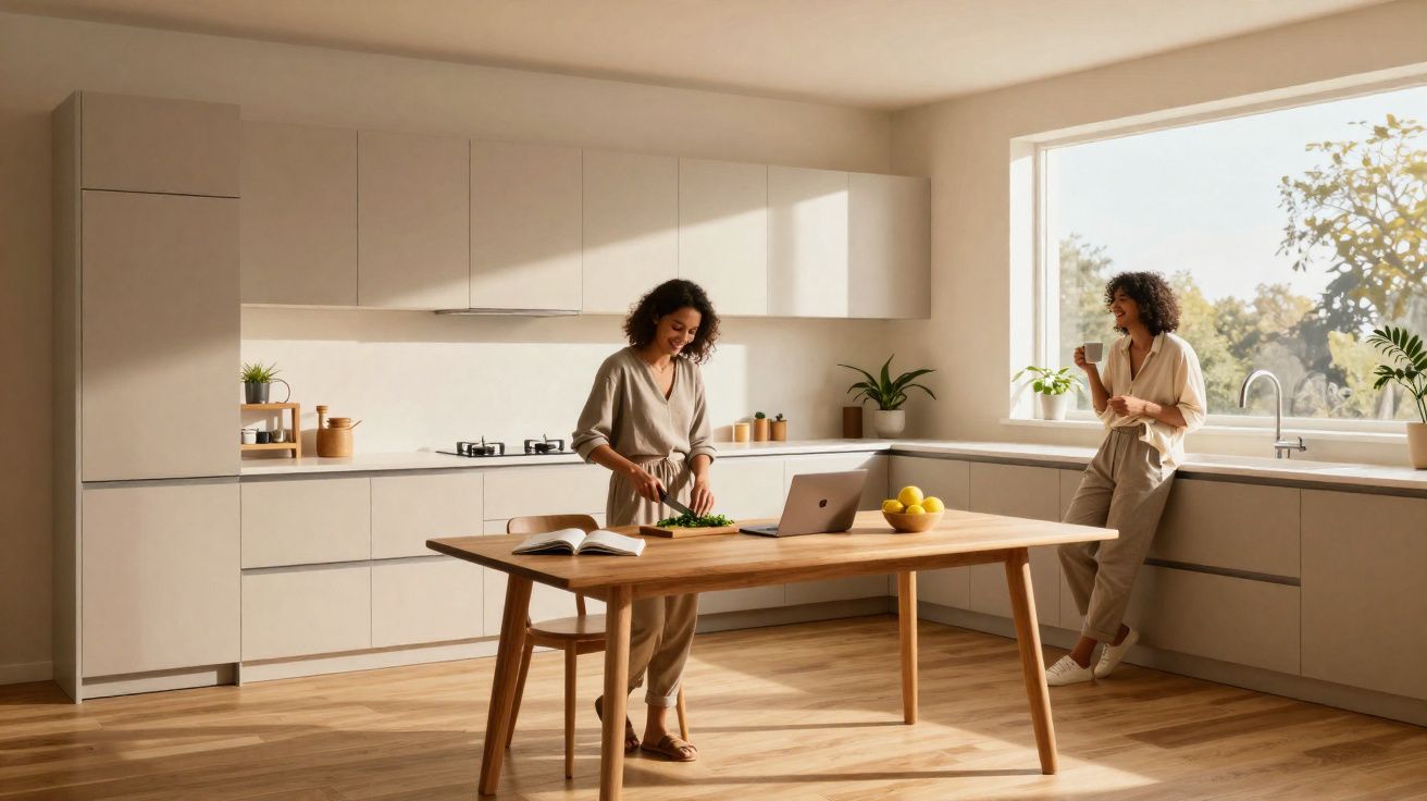 Duas mulheres num cozinha moderna, uma cozinha e corta legumes na mesa, a outra bebe café junto à janela ampla.