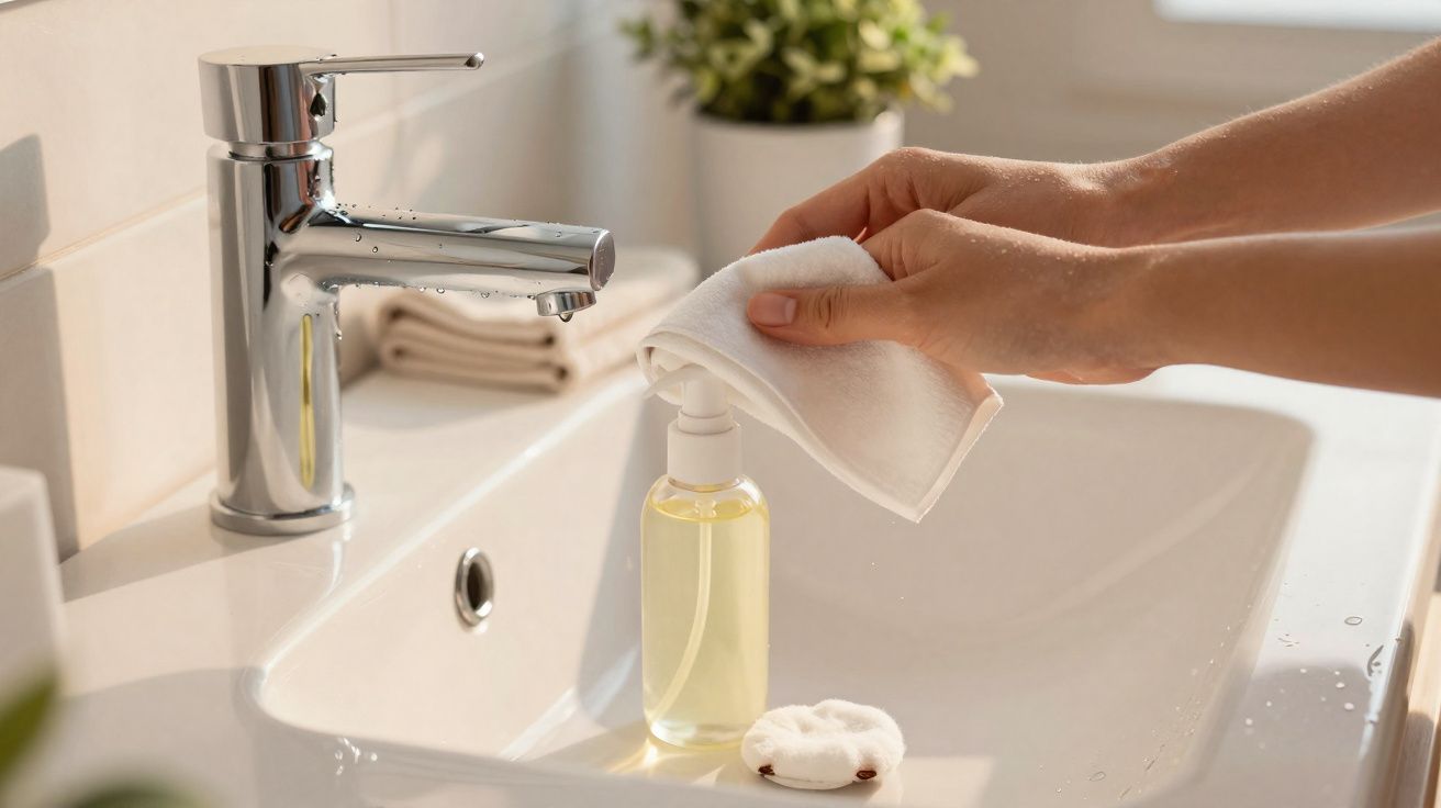 Mãos a limpar a torneira com um pano branco numa casa de banho com sabonete líquido e almofada de algodão.