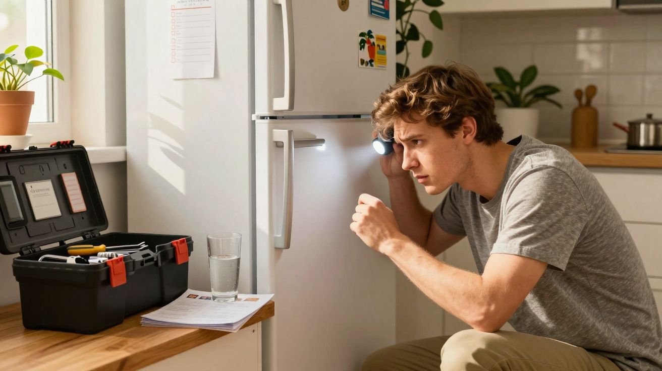 Homem com lanterna a examinar a porta de um frigorífico na cozinha, com caixa de ferramentas numa bancada.