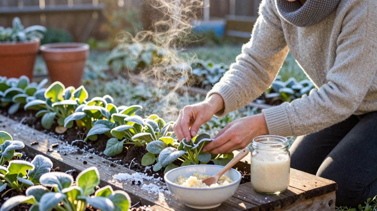 Pessoa a colher folhas com geada numa horta, com tigela e frasco de comida sobre a madeira.