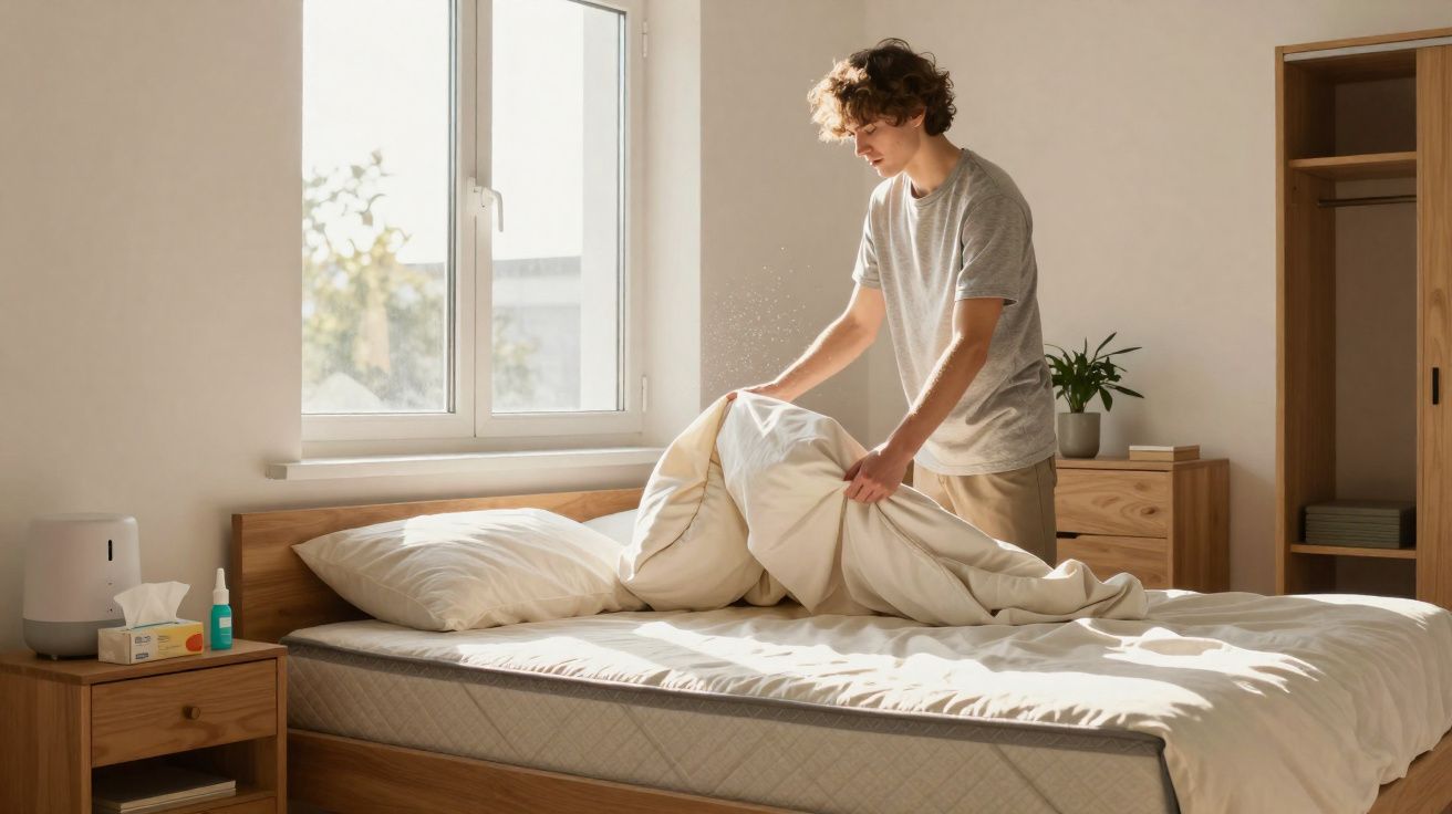 Jovem arruma a cama num quarto iluminado por janela com móveis de madeira clara.