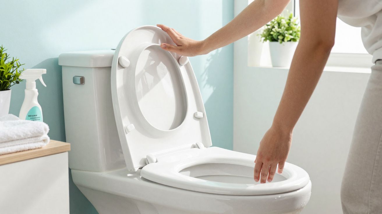 Pessoa a limpar sanitário branco com produto de limpeza e toalhas ao lado numa casa de banho iluminada