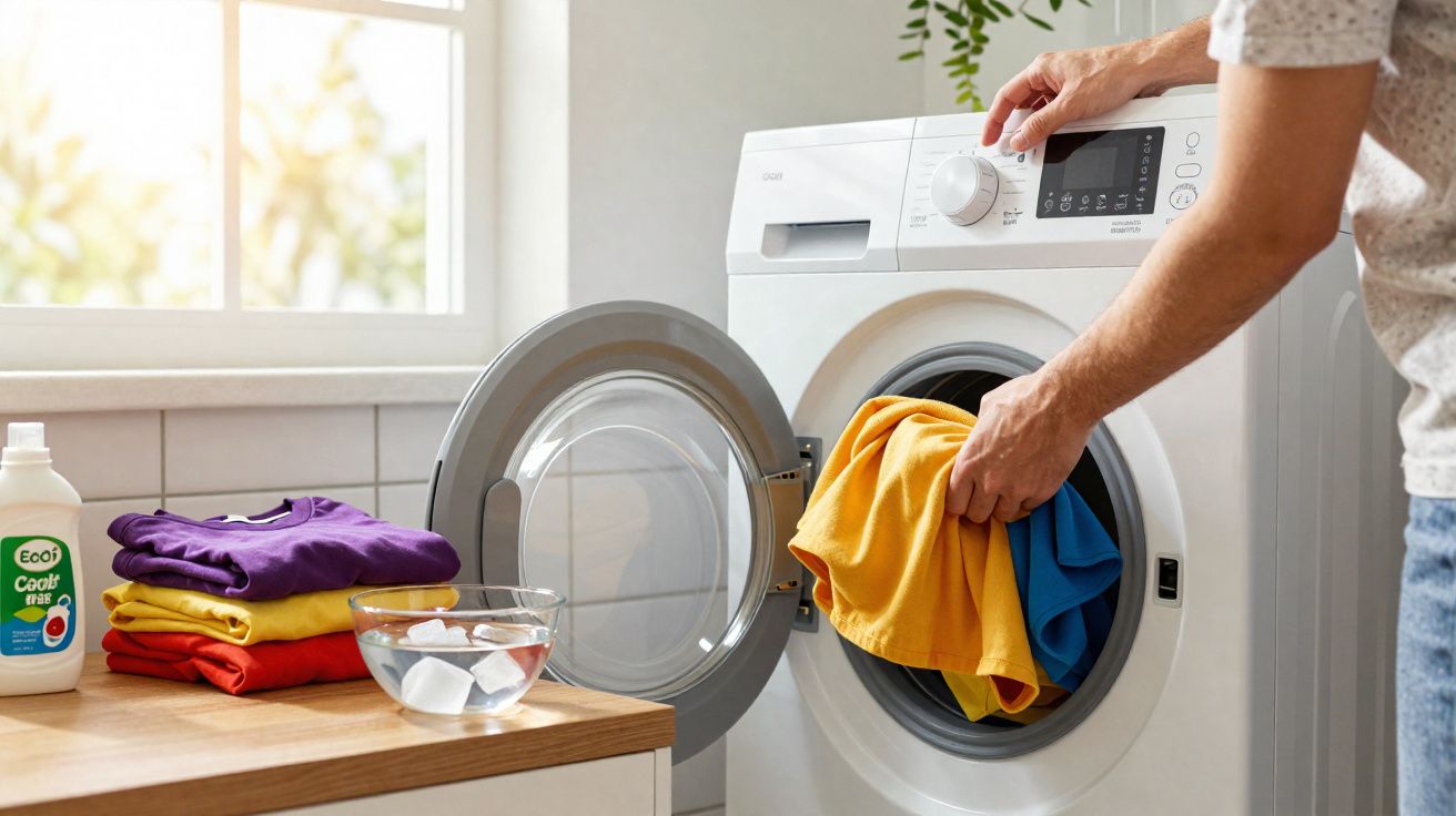 Pessoa a colocar roupas coloridas numa máquina de lavar roupa branca numa casa iluminada.