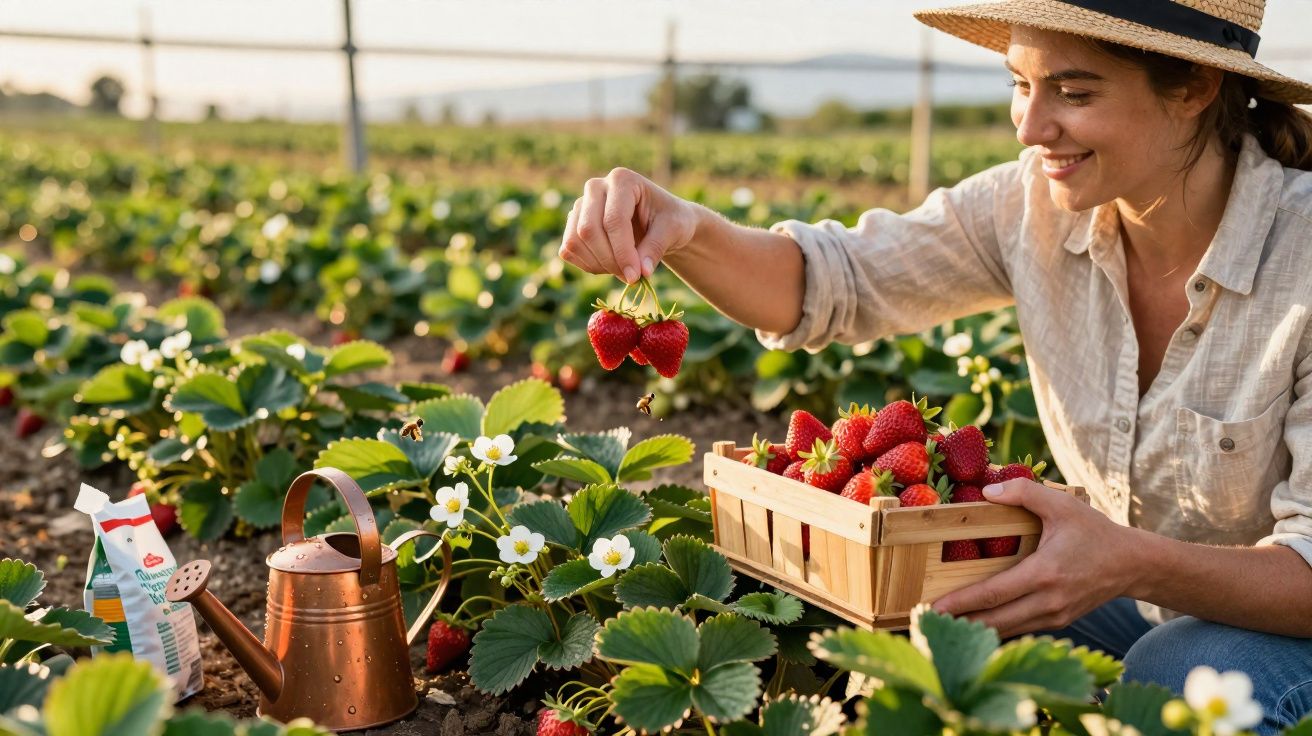 Mulher com chapéu apanha morangos maduros num campo ensolarado, segurando uma cesta cheia de frutos.