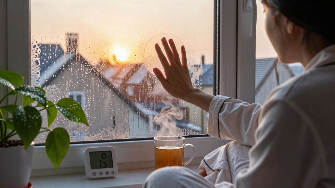 Pessoa vê o nascer do sol através da janela embaciada, com chá quente e planta numa secretária.