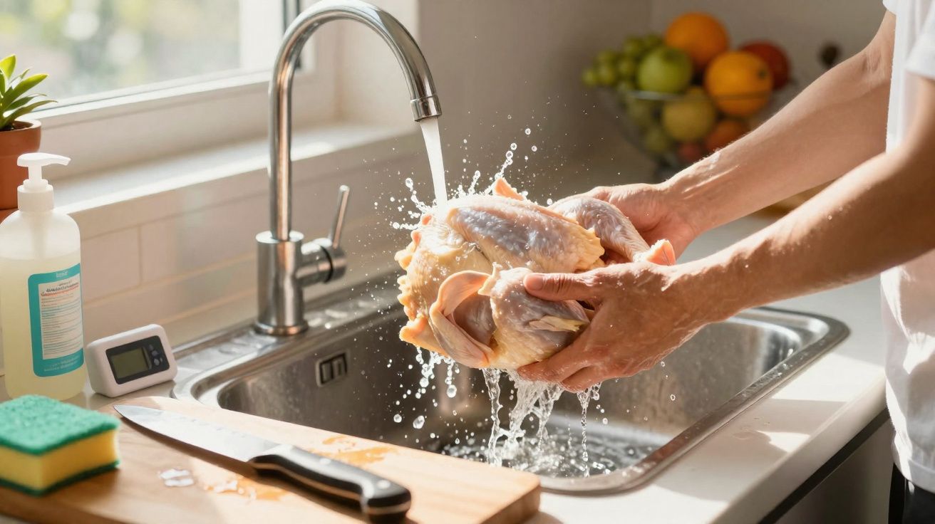 Pessoa a lavar um frango cru debaixo de água numa pia de cozinha, com utensílios ao redor.